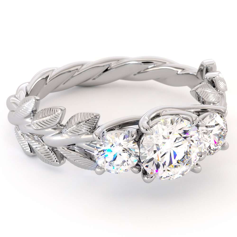 Floral Three Stone Engagement Ring Three Moissanite Ring White Gold Leaves 3 stone Wedding Ring